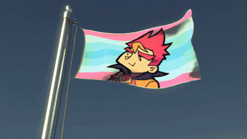 a flag with a cartoon character on it is flying in the wind