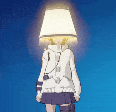 a girl with a lamp on her head is standing in front of a blue background