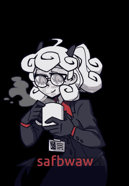 a cartoon drawing of a woman holding a cup of coffee with the word safbwaw in red