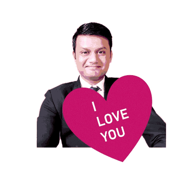 a man in a suit and tie is surrounded by a pink heart that says i love you