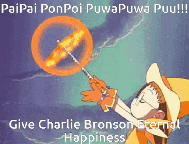 a cartoon of a girl holding a wand with the words " give charlie bronson eternal happiness " at the bottom