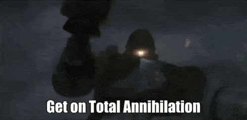 a close up of a person holding a gun with the words `` get on total annihilation '' written on the bottom .