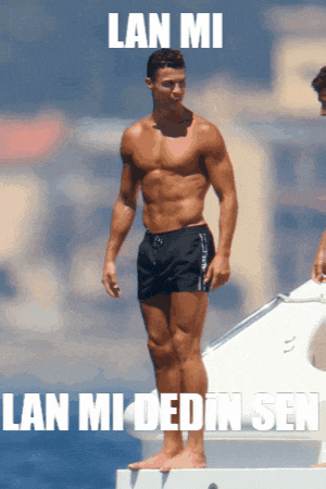 a shirtless man stands on a boat with the words lan mi lan mi dedin sen below him