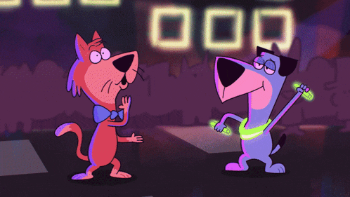 a cat and a dog are dancing in front of a neon sign that reads 000