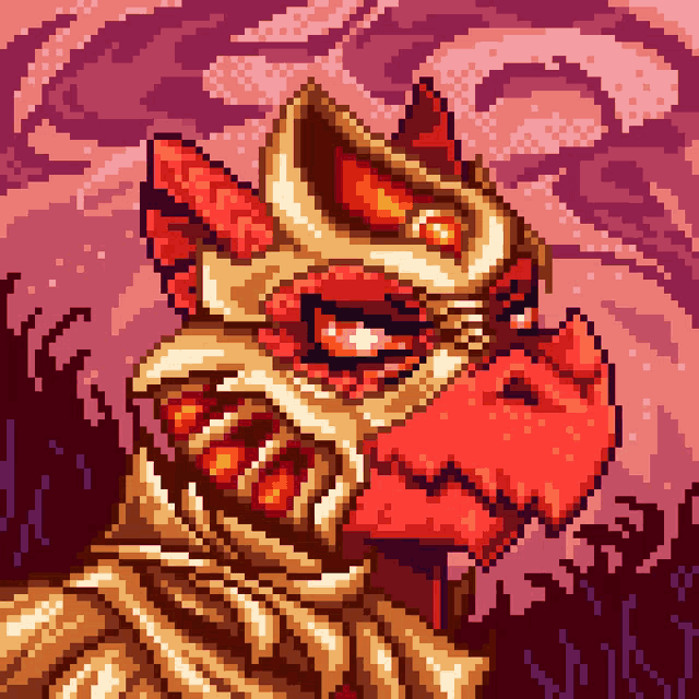 a pixel art drawing of a monster with red eyes and a purple background