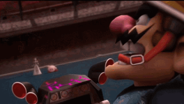a close up of a cartoon character with a pink nose