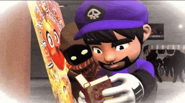 a man in a purple hat is holding a book