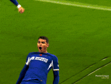 a soccer player in a blue jersey with the word premier league on the bottom