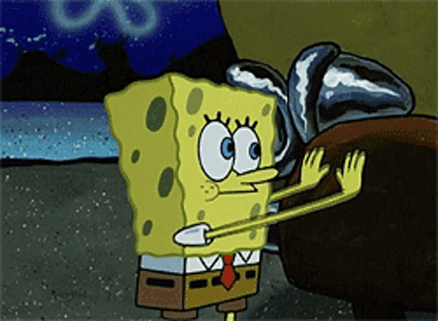 a cartoon of spongebob squarepants standing next to a large object