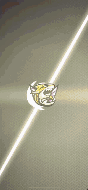 a yellow and purple logo with a white line
