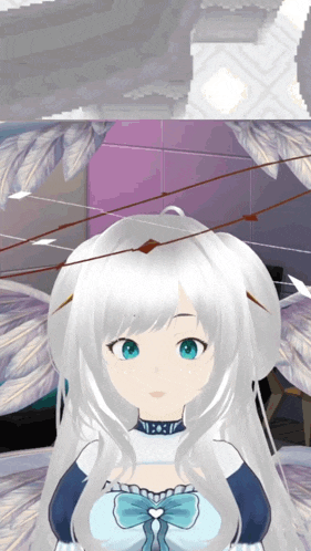 a girl with white hair and blue eyes is wearing a choker and a bow