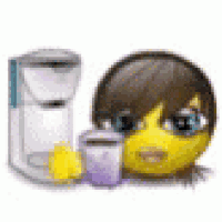 a smiley face is holding a cup of coffee and a coffee maker .
