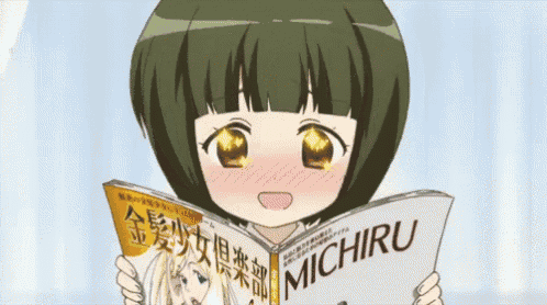 a cartoon girl is reading a magazine called michiru