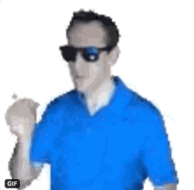 a man wearing sunglasses and a blue shirt is making a funny face .