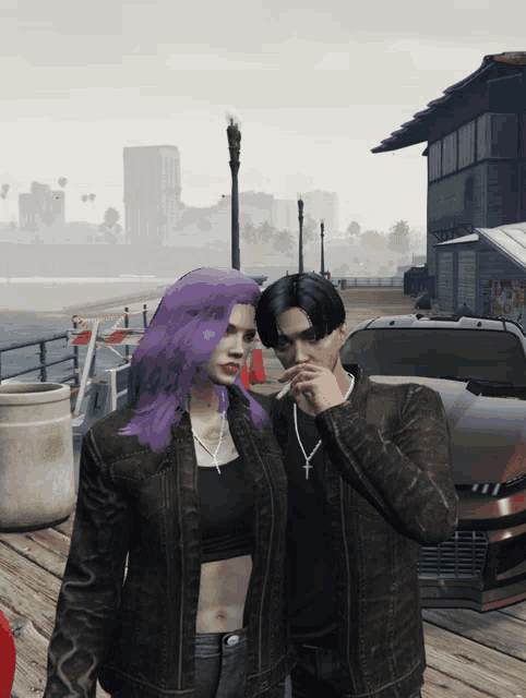 a man and a woman standing next to each other smoking a cigarette