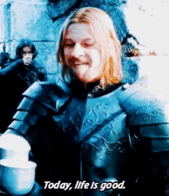a man in armor is smiling and saying today life is good