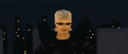 a pixelated image of a man standing in front of a large yellow object