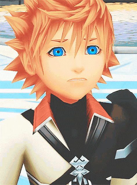 a close up of a cartoon character with blue eyes and orange hair