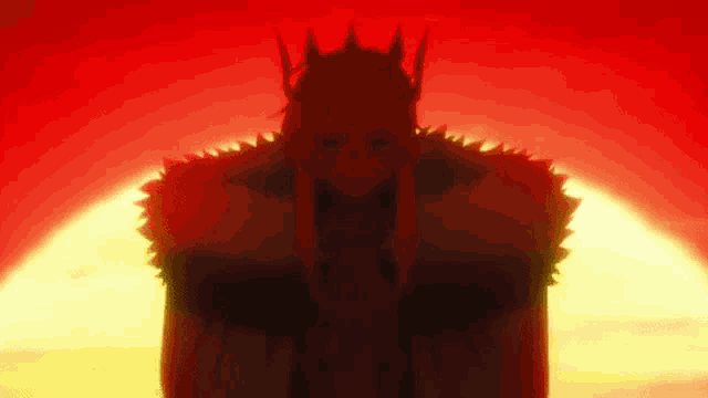 a silhouette of a woman with a crown on her head standing in front of a red background .