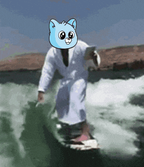 a man in a bathrobe is riding a wave on a surfboard with a cat face on his head