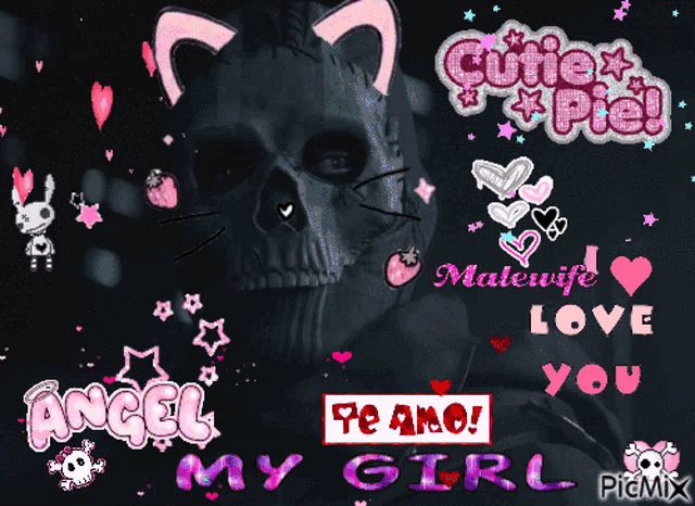 a skull with cat ears and the words " angel my girl "
