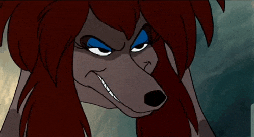 a cartoon wolf with red hair and blue eyebrows