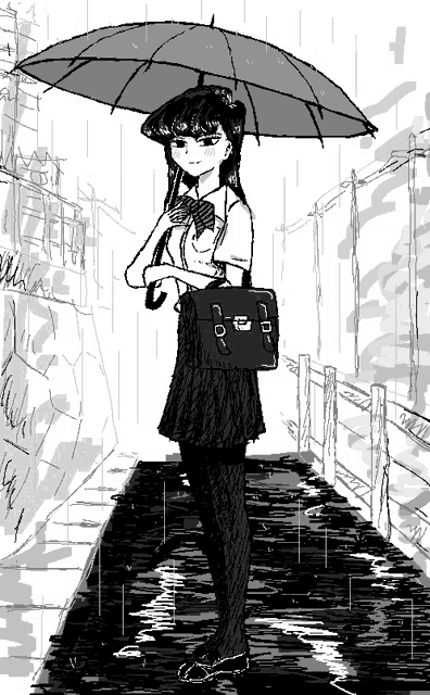a drawing of a girl holding an umbrella in the rain