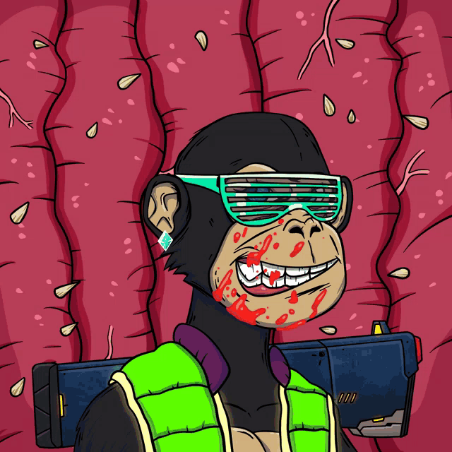 a cartoon monkey wearing sunglasses and a green vest