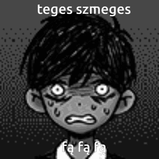 a black and white drawing of a boy with the words teges szmeges