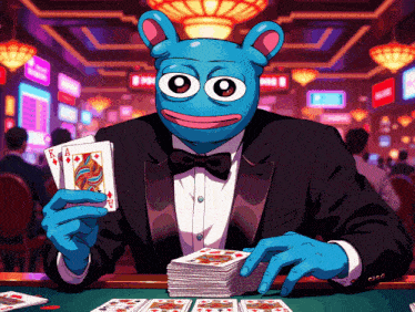 a cartoon of a man in a tuxedo holding two aces