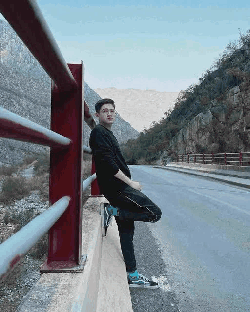 a man is leaning against a railing on the side of a road .