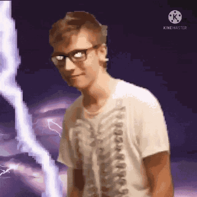 a young man wearing glasses is standing in front of a lightning storm .