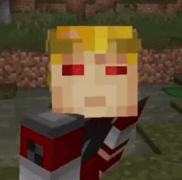 a close up of a minecraft character 's head with red eyes