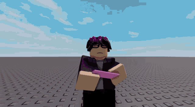 a roblox character with glasses and a purple flower crown on his head