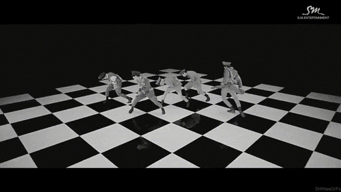 a group of men in military uniforms dancing on a checkered floor