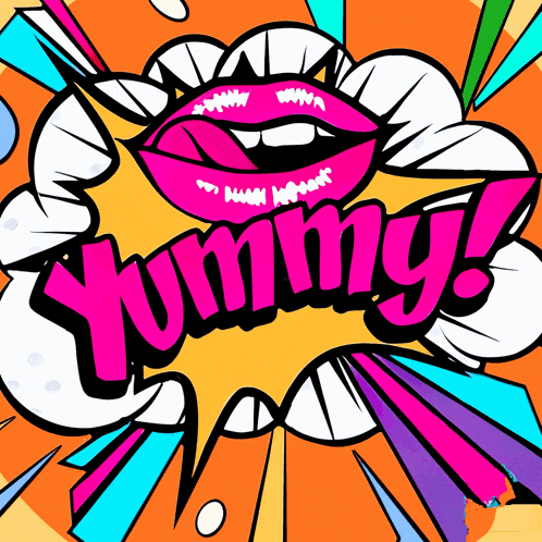 a cartoon illustration of a woman 's mouth and the word yummy in pink