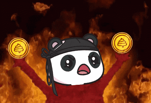 a cartoon panda is holding up two coins with a swirl on them
