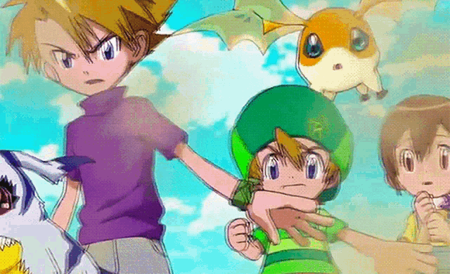 a group of anime characters including a boy in a purple shirt and a girl in a green hat