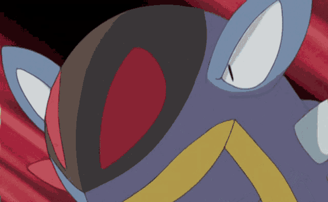 a close up of a cartoon character 's face with a red eye