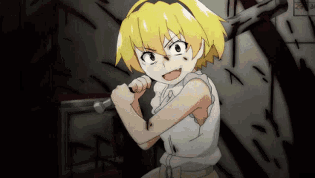 a girl in a white shirt is holding a hammer over her head