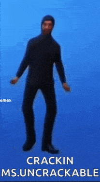 a man in a black suit is dancing in front of a blue background with the words `` crackin ms. uncrackable '' .