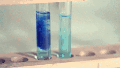 two test tubes filled with blue liquid are sitting on a wooden rack