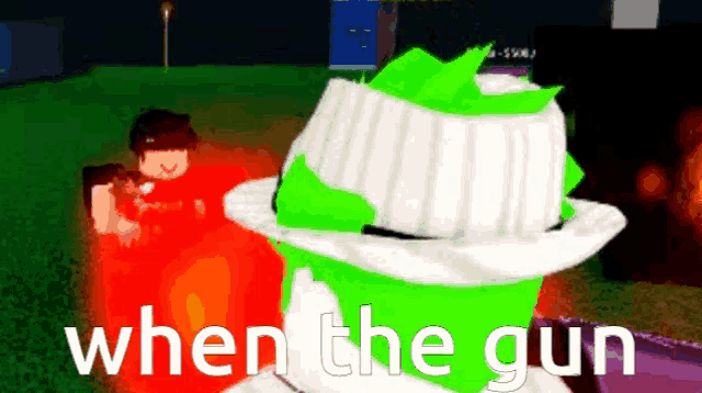 a video game character with a green hat and the words when the gun