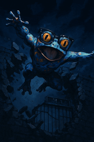 a painting of a blue and orange frog with a large yellow eye