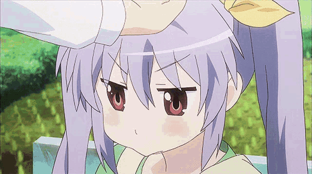 a girl with purple hair and red eyes is being touched by someone