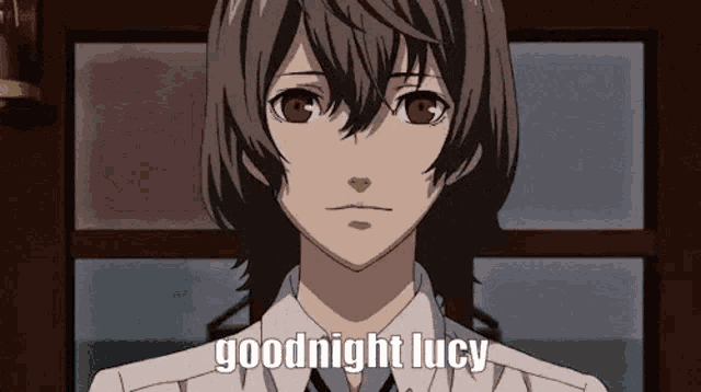 a close up of a person 's face with the words `` goodnight lucy '' on it .
