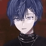 a close up of a person with blue hair wearing a black turtleneck and a necklace .