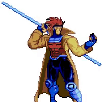 a pixel art drawing of gambit holding a sword
