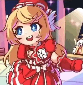 a cartoon girl wearing a red dress and gloves is standing in front of a spotlight .