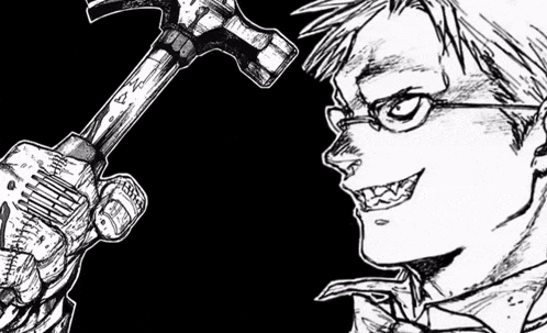 a black and white drawing of a man holding a hammer and smiling .
